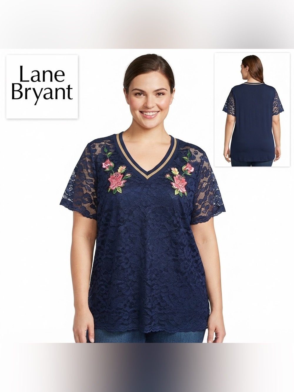 Lane Bryant Sheer Lace Rose Stitching V-Neck Top 14 NWOT